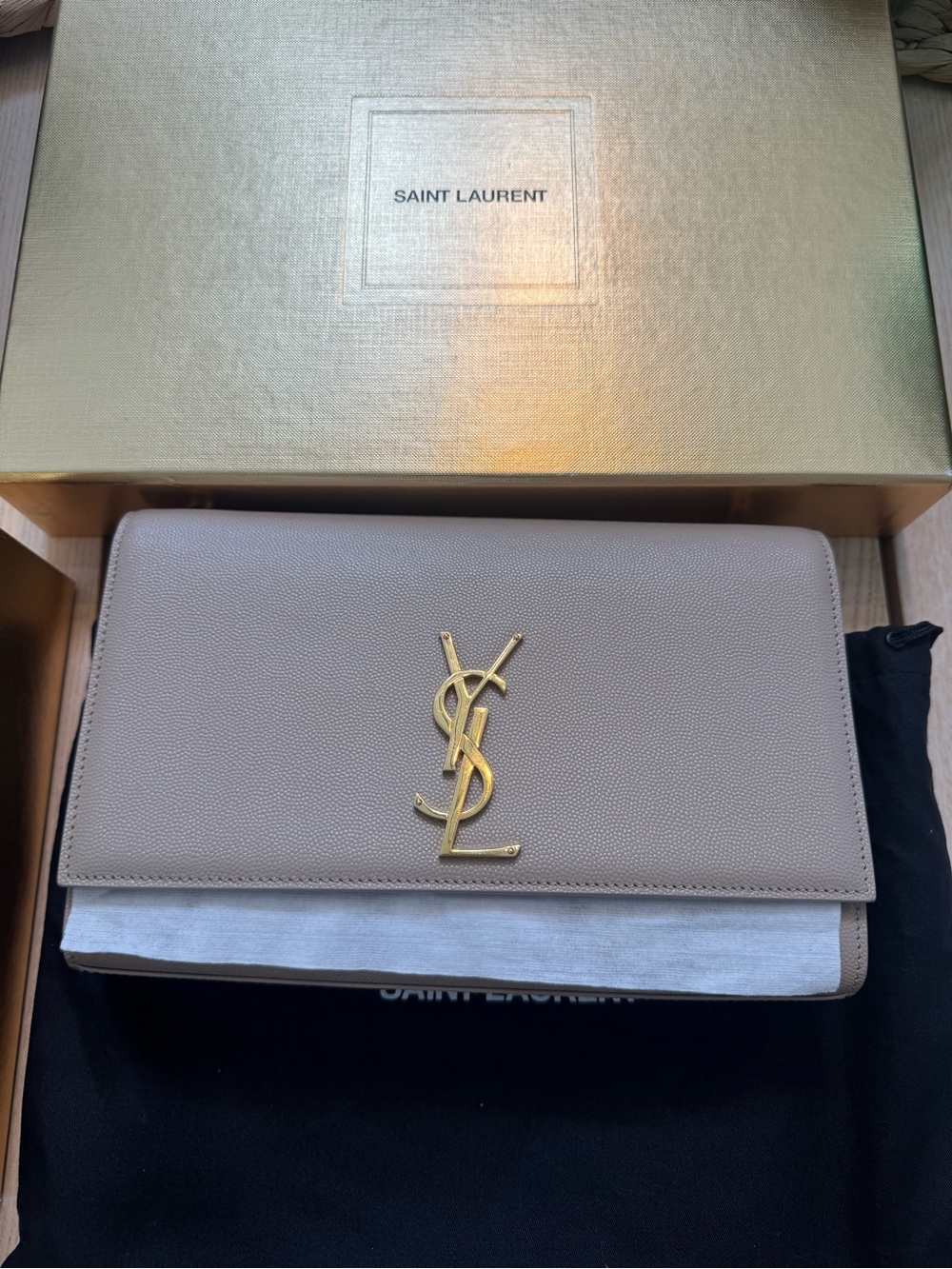 Saint Laurent Beige Leather YSL Logo Clutch with Gold Hardware